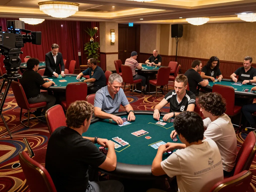 Players engaging in a high-stakes poker game at KKWIN, showcasing intense focus and casino atmosphere.