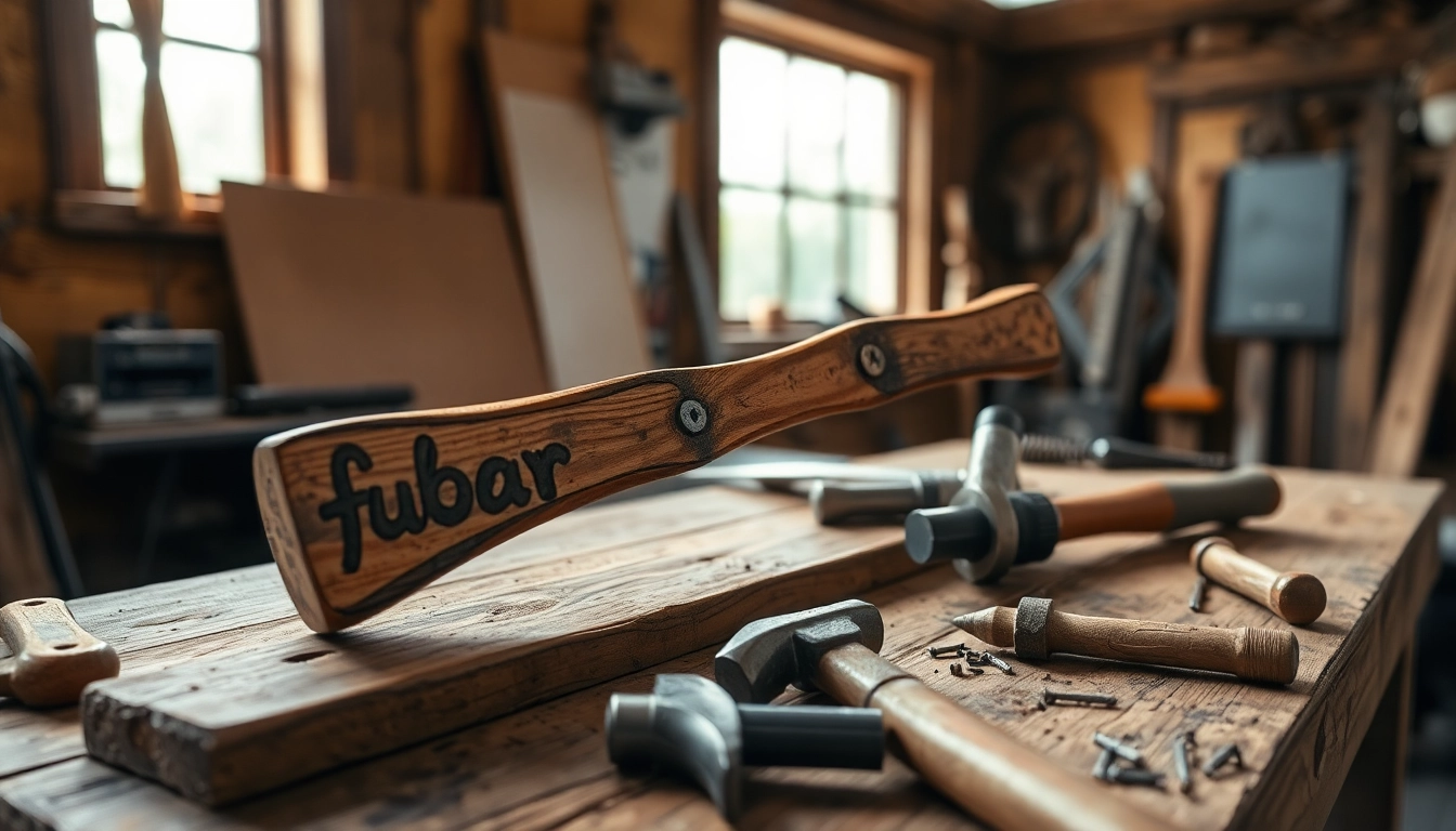 Fubar wrecking bar displayed on a workbench with tools, showcasing its rugged design and utility.