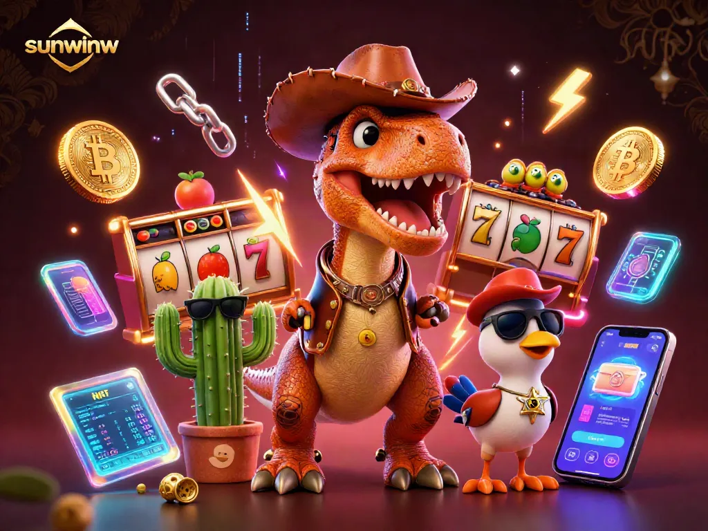 Play exciting slots at sunwinw with a lively T-Rex cowboy leading the way alongside vibrant game elements.