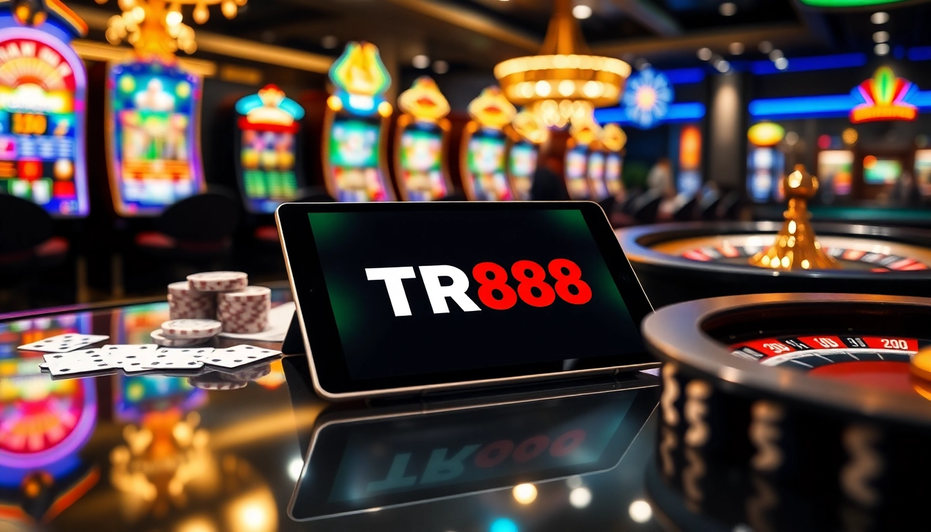 Experience the TR88 app interface amidst an engaging casino atmosphere with vibrant slot machines and poker chips.