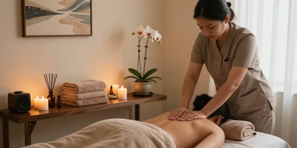 Relaxing 왕십리출장안마 therapy session with soft lighting and essential oils in a peaceful wellness room.