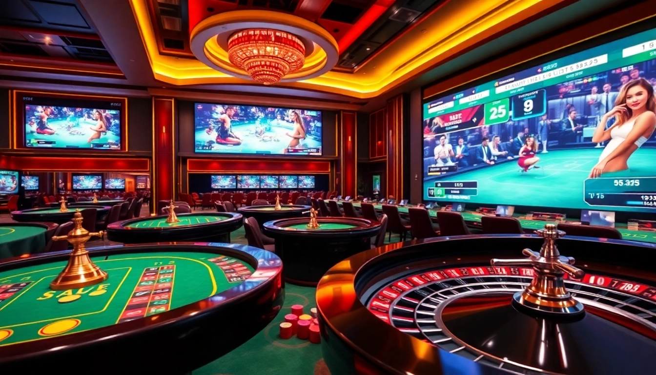 Experience the thrill of sv388 online gambling with vibrant casino tables and live event displays.