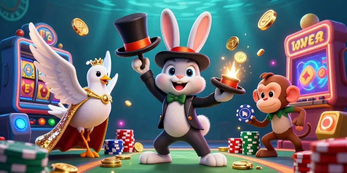 Experience the magic of hm88 with a cartoon magician pulling gold coins in a playful casino scene