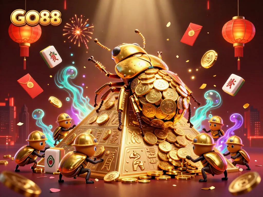 Experience the excitement of GO88 with a vibrant 3D scene showcasing golden beetles and casino elements.
