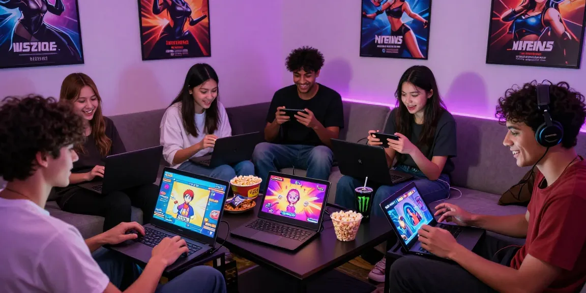 Group enjoying the latest NSFW games while downloading NSFW APKs on their devices in a cozy gaming lounge.
