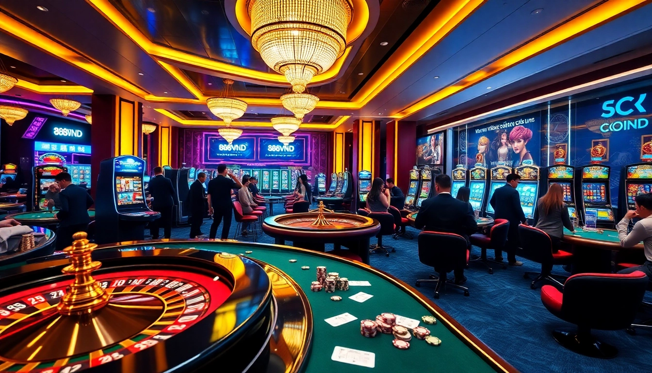 Players enjoy an exciting game night at 888VND COM, featuring vibrant casino tables and live-action.