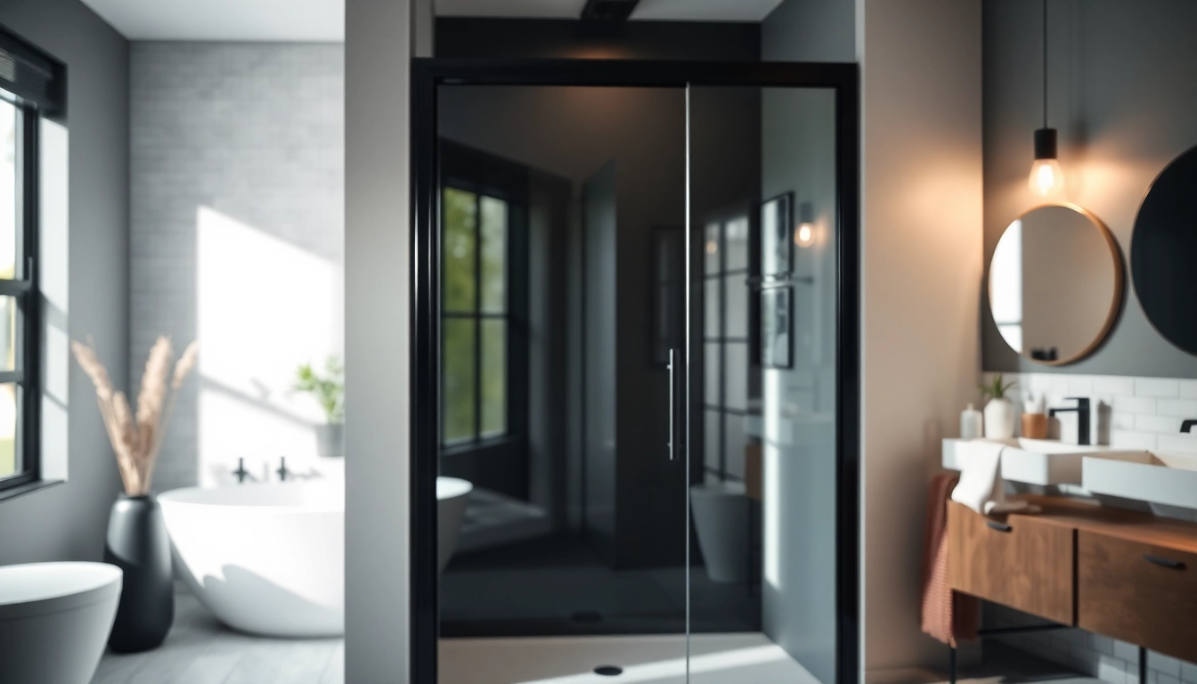 Showcasing a contemporary black shower door in a stylish bathroom with elegant design elements.