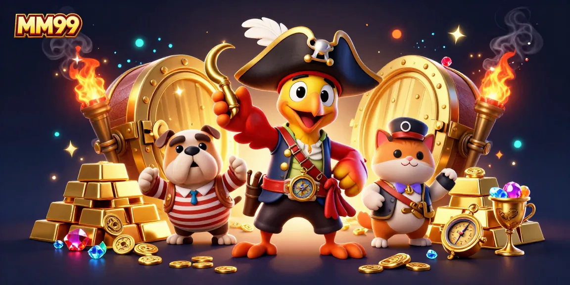 Experience MM99 with a vibrant pirate-themed 3D illustration showcasing treasure and gaming excitement.