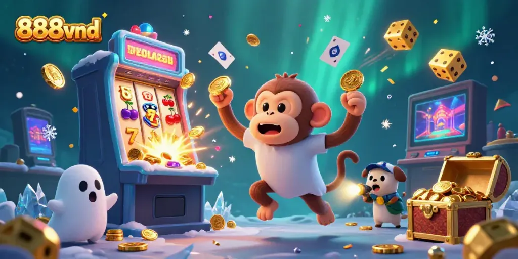 Experience thrilling moments at 888vnd with a playful poltergeist monkey and ghost-hunter puppy in a vibrant casino.