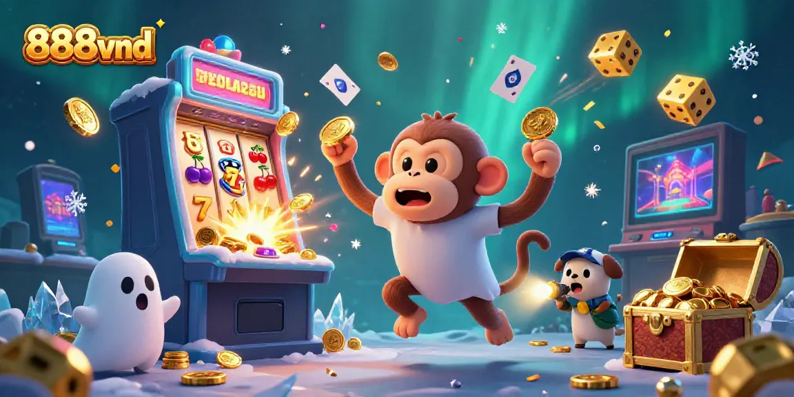 Experience thrilling moments at 888vnd with a playful poltergeist monkey and ghost-hunter puppy in a vibrant casino.