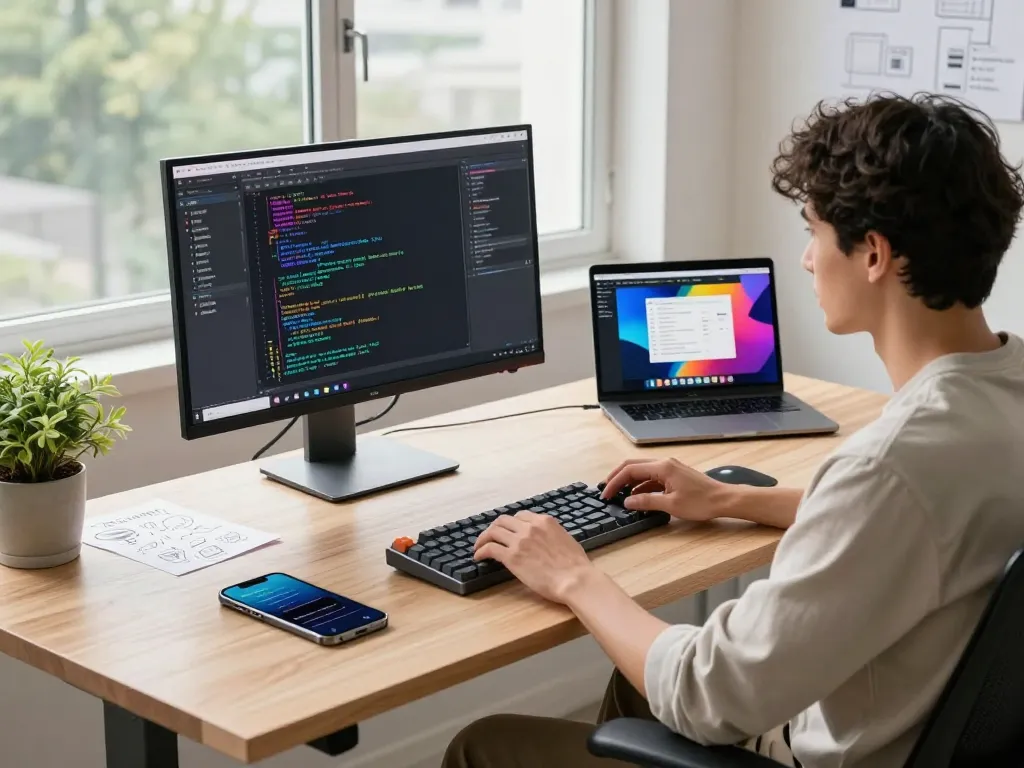 Engaged developer coding a spicy AI application in a modern tech workspace.