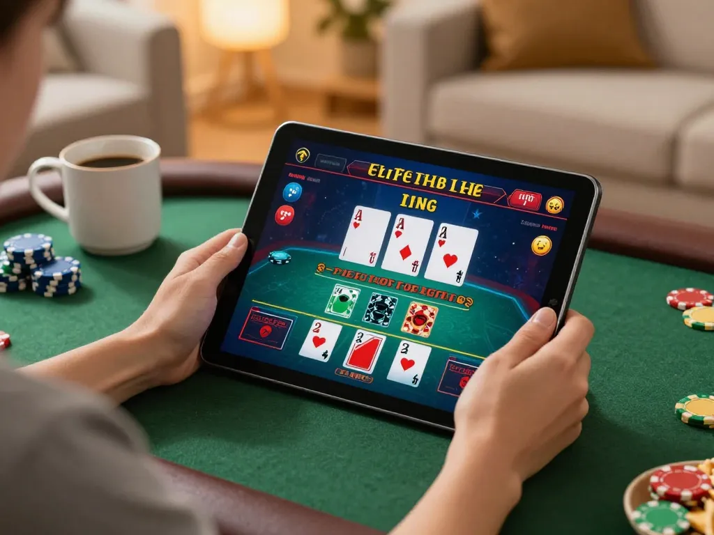Engaging live dealer game on https://xo88tv.com/ showcasing a cozy home gaming mood with strategic focus.