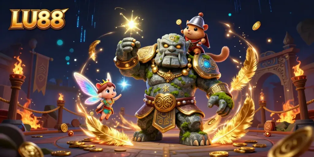LU88 showcases a fantasy gambling scene with a magical golem, fairy, and hamster knight in action.