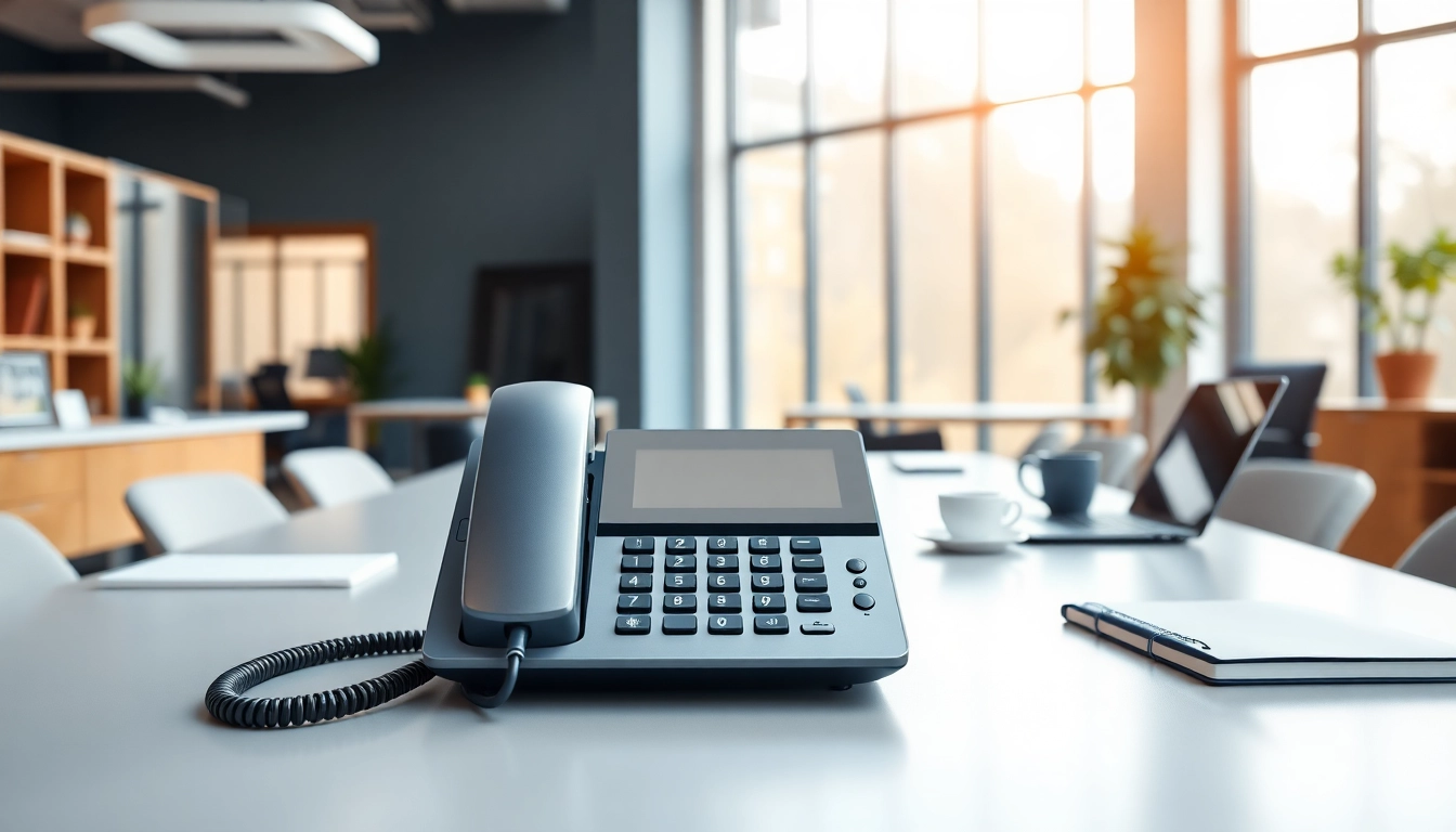 A professional business phone setup showcasing modern office features and organized workspace.