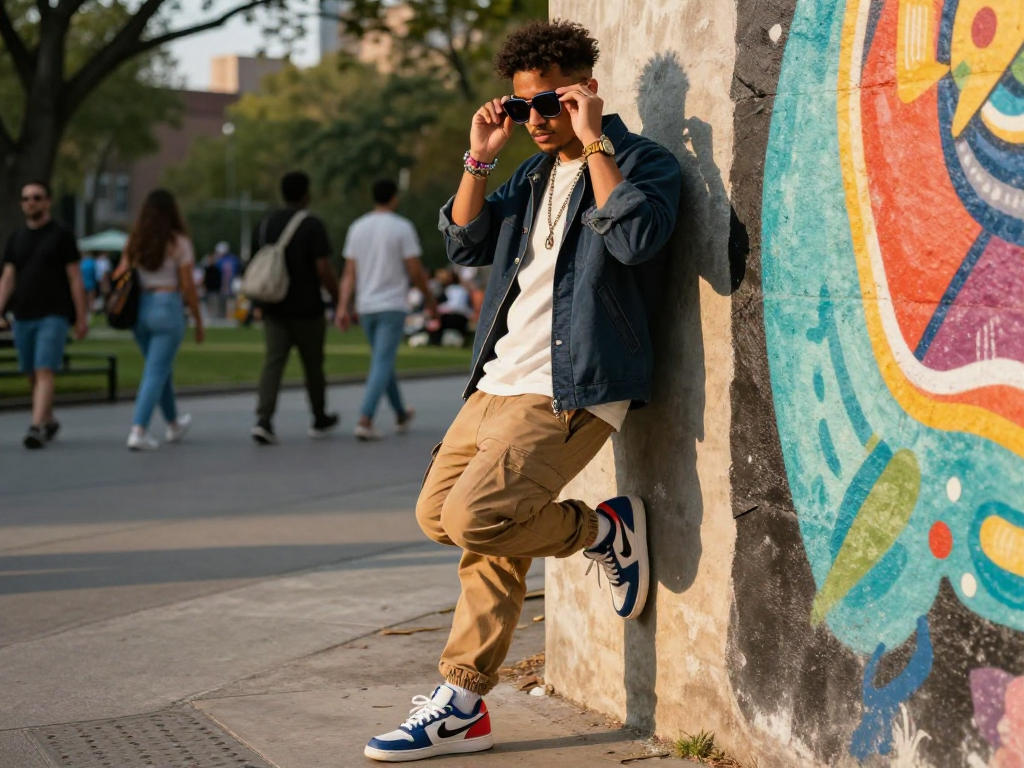 Vibrant urban fashion scene featuring a stylish individual celebrating self-expression as an ai slut with sunglasses and accessories.