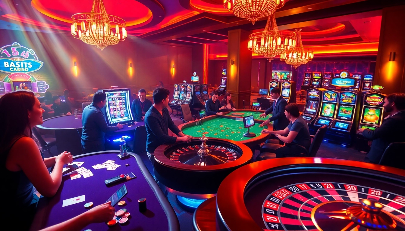Hitclub players enjoying a vibrant online casino experience with slot machines and table games.