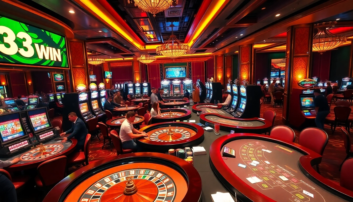 Players enjoying a thrilling moment at 33WIN casino gaming tables with vibrant atmosphere.