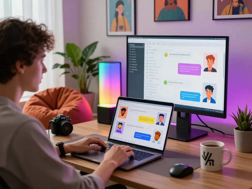 Engaging in crush on ai interactions with vibrant chat interface in a modern workspace setting.