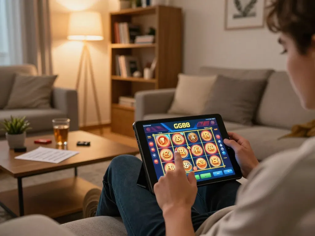 Engaging in GG88 đăng nhập on a tablet in a cozy home setting with warm lighting.