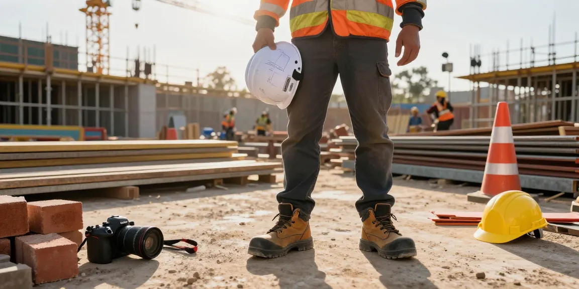 Worker in upower safety shoes on a construction site showcasing safety footwear and teamwork.