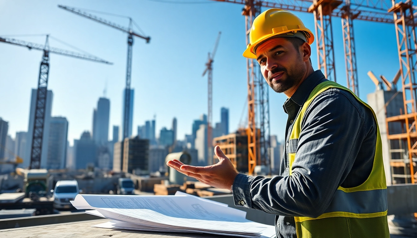 New York City Commercial General Contractor evaluating construction plans at a bustling site.
