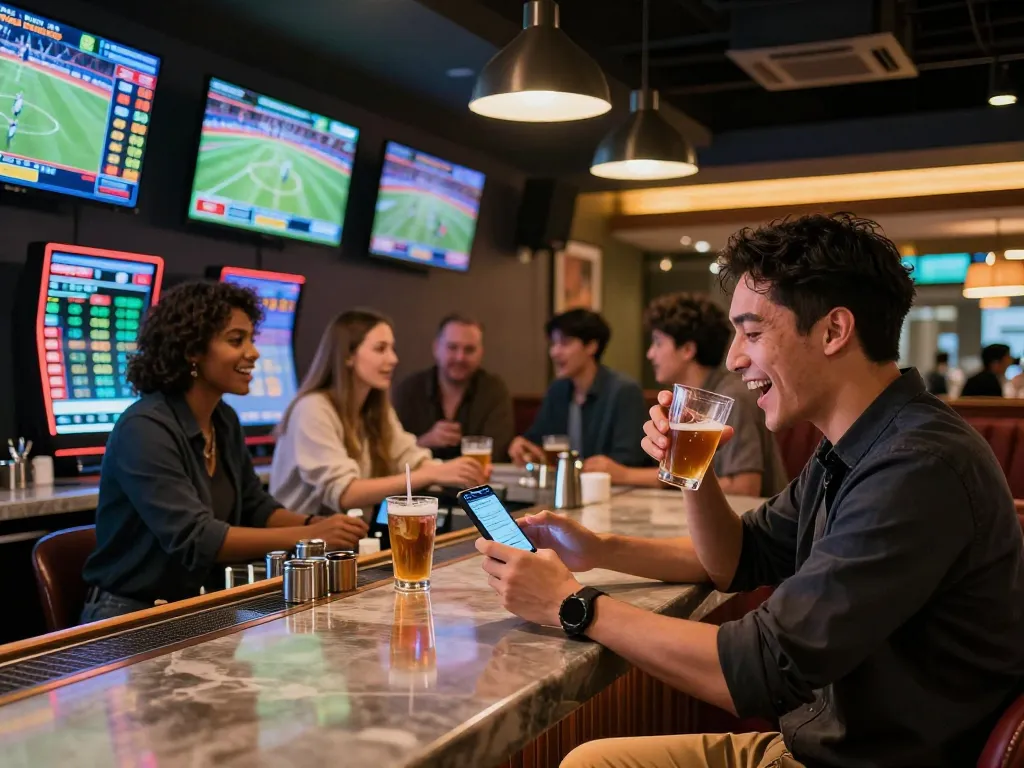 Engaged bettors analyzing ty le keo nha cai in lively sportsbook environment, capturing excitement and strategies in action