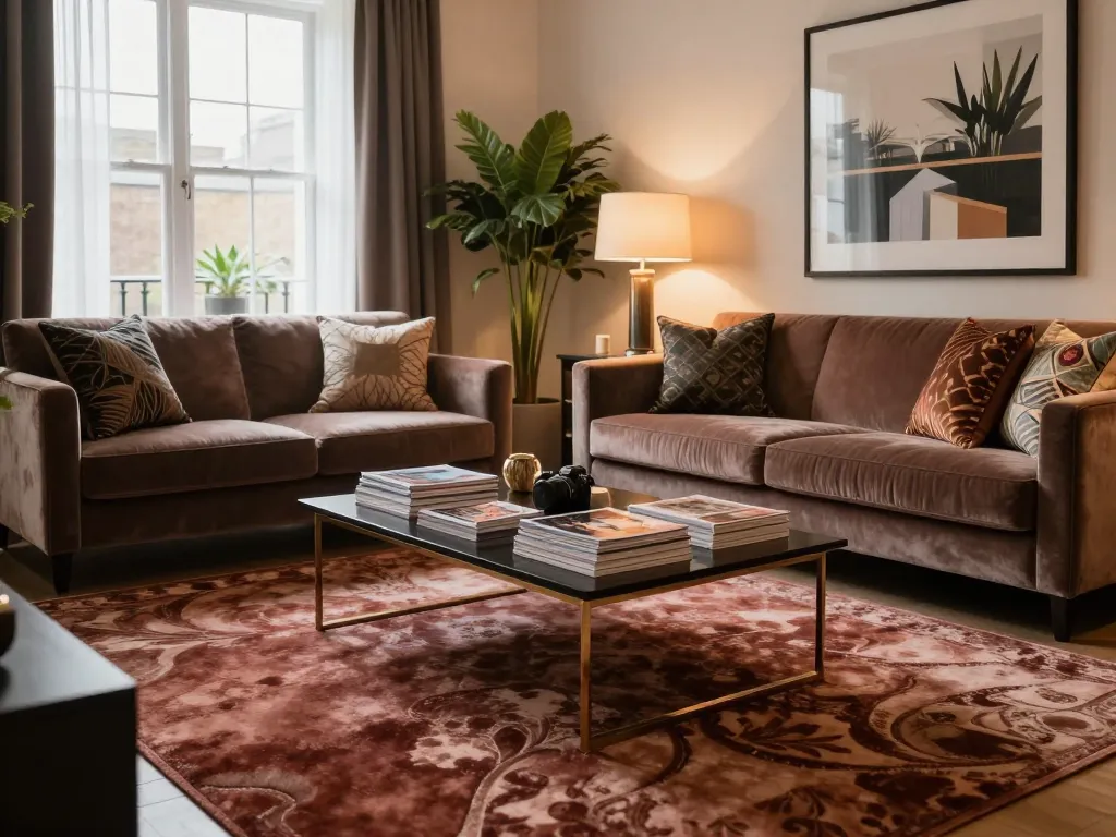 Luxurious carpets London in a stylish living room with elegant furniture and warm ambient lighting.