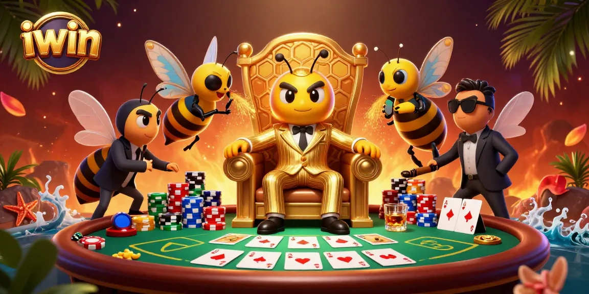 Experience thrilling iwin gaming moments with a mob boss cartoon character amid poker chips and cards.