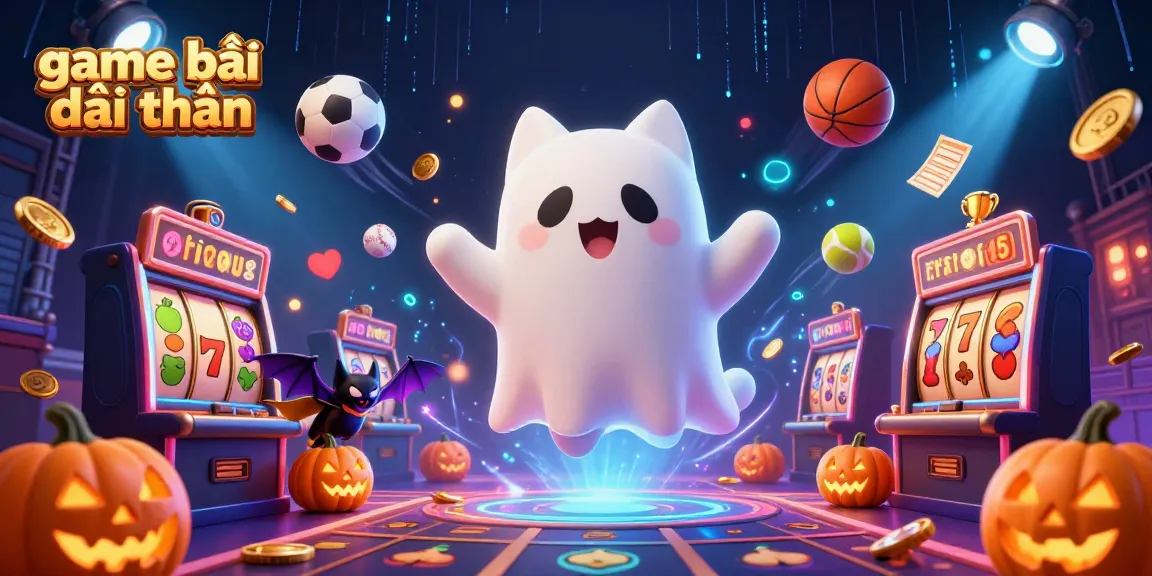 Experience game bài đổi thưởng with a ghostly cat and festive elements in a vibrant casino scene.