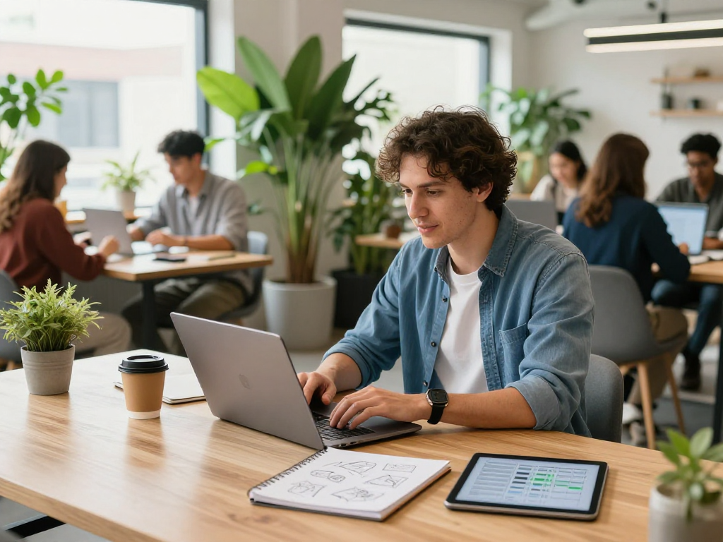 Solo traders collaborating in a vibrant co-working space, engaging with clients while promoting their services.