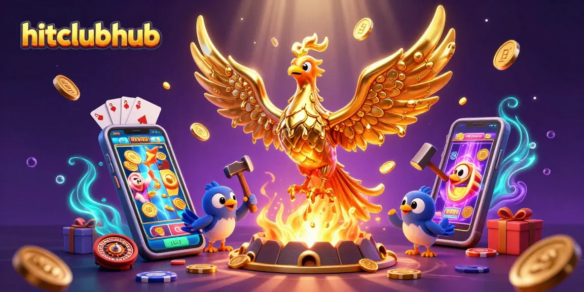 Engage with hitclubhub's visual gaming world featuring a golden phoenix and vibrant casino elements.