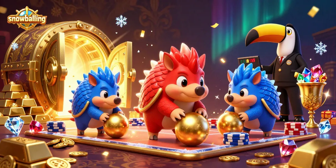 Snowballing pangolins roll golden balls and poker chips in a dynamic casino scene.
