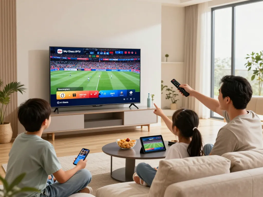 Family enjoying entertainment through Sky Glass IPTV Subscription on Smart TV in modern living room.