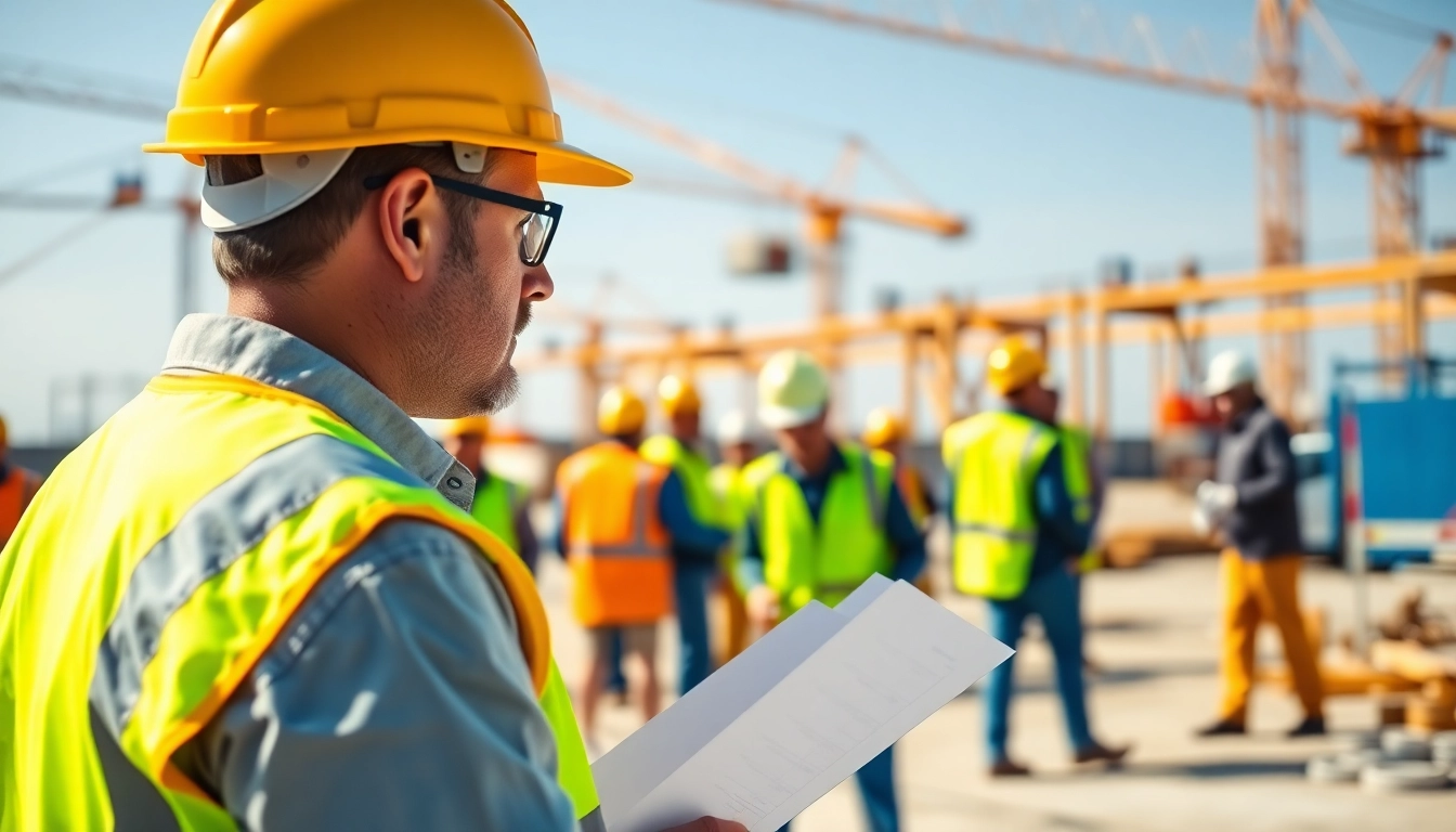New Jersey Construction Manager reviewing plans at a busy construction site with workers.