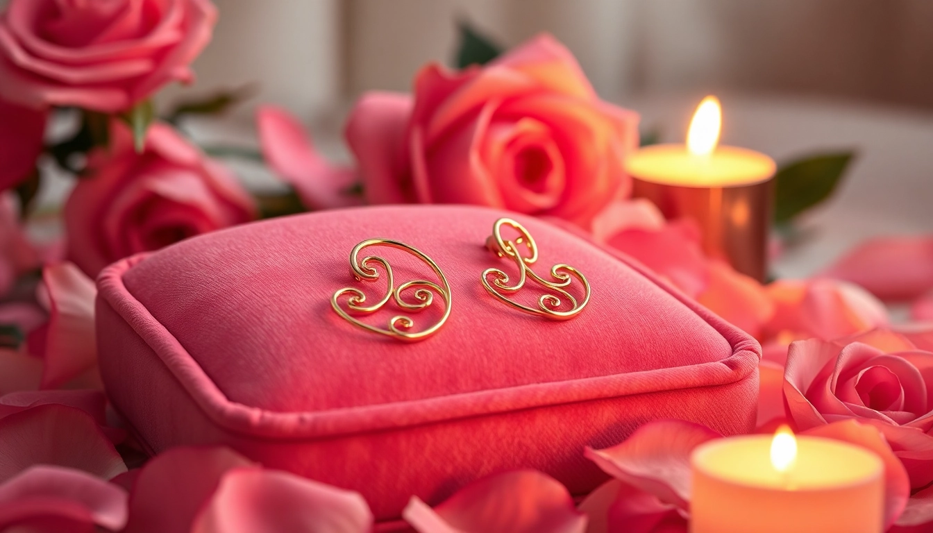 Valentine’s Day gold cartilage earrings UK displayed elegantly on velvet with rose petals.