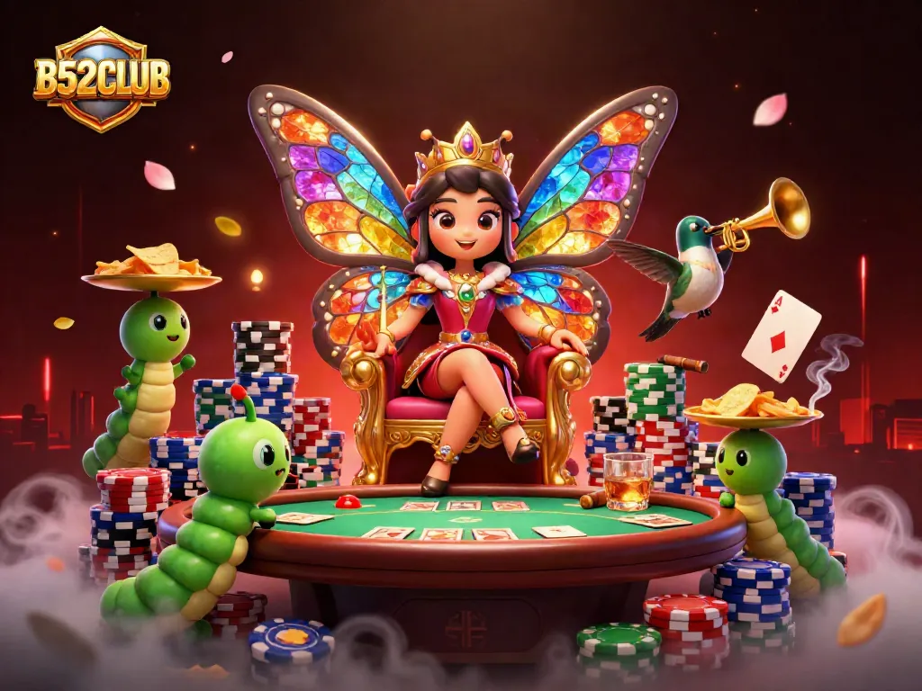 B52CLUB offers vibrant gameplay with dynamic poker elements and a whimsical butterfly queen illustration.