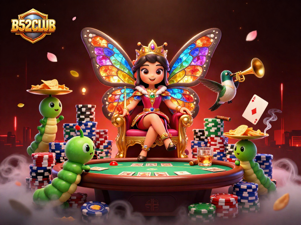 B52CLUB offers vibrant gameplay with dynamic poker elements and a whimsical butterfly queen illustration.
