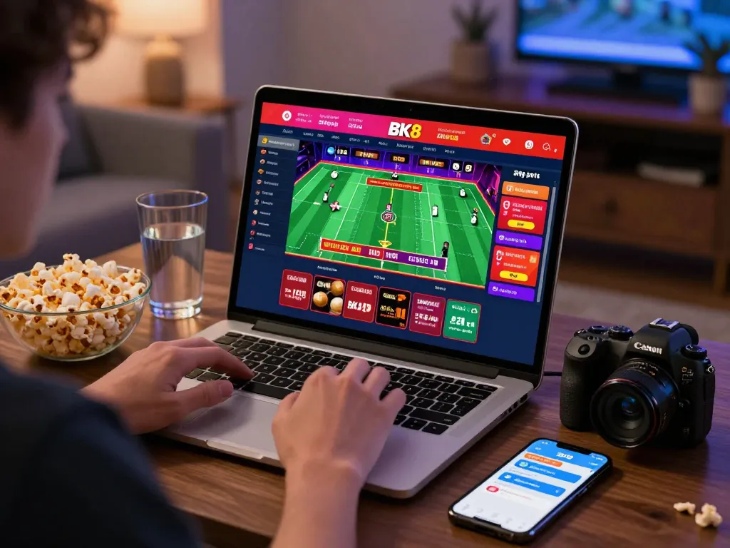 Engaging BK8 online gambling scene with user enjoying live betting and casino games at home.