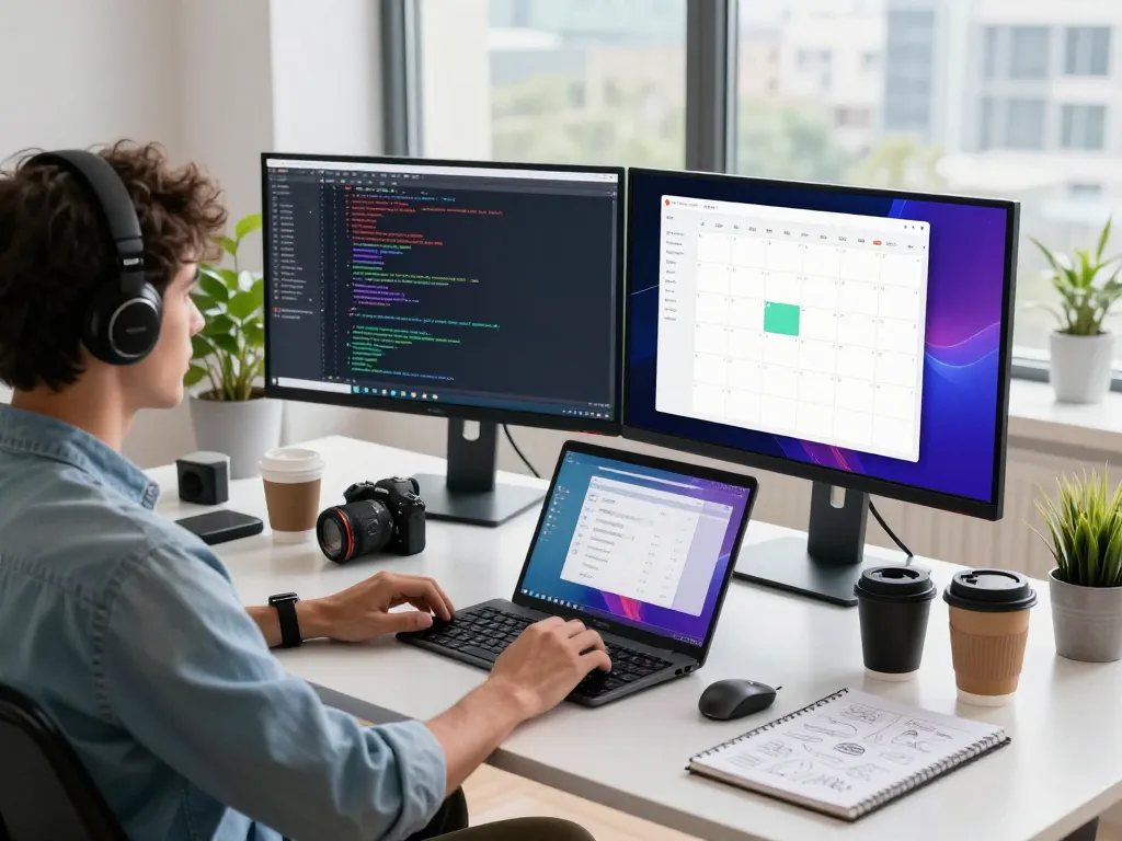 Developer using open claw AI in a modern tech workspace with dual monitors showing code and messaging apps.
