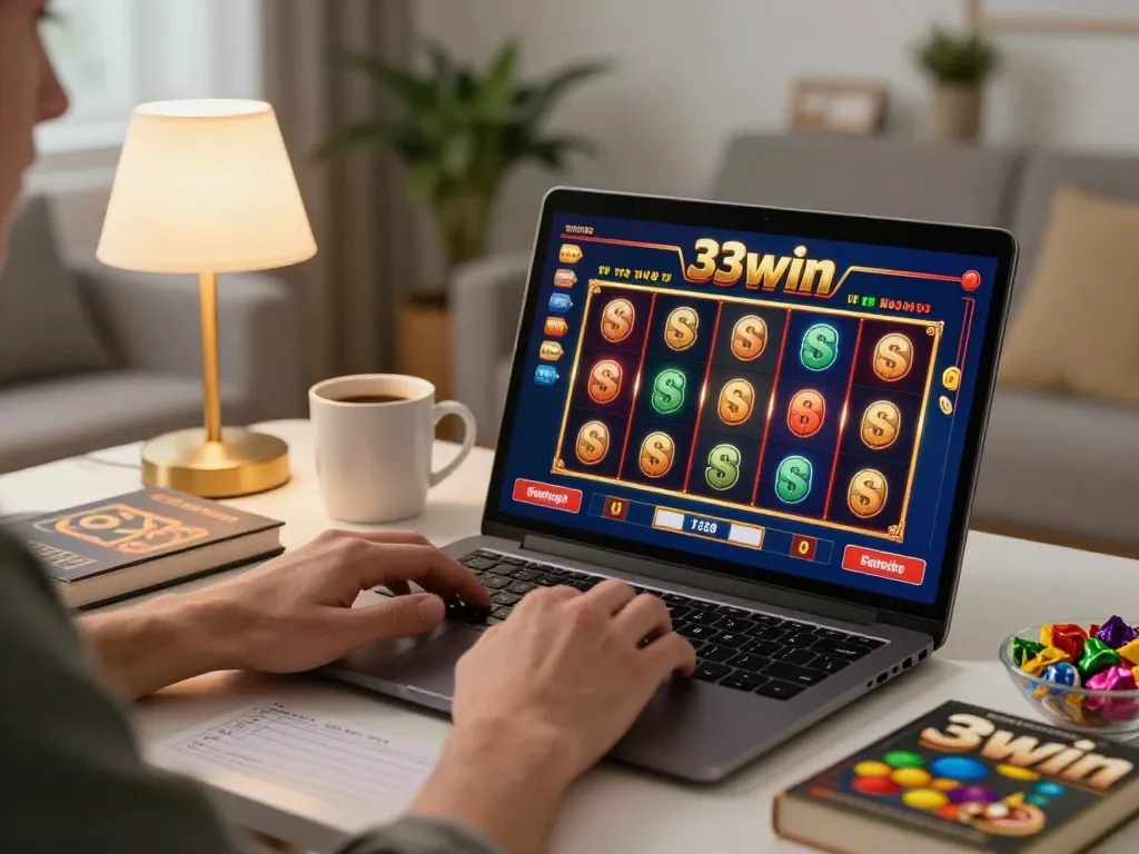 Engaging in 33win online slots gameplay from a comfortable home setting with vibrant visuals on the screen.