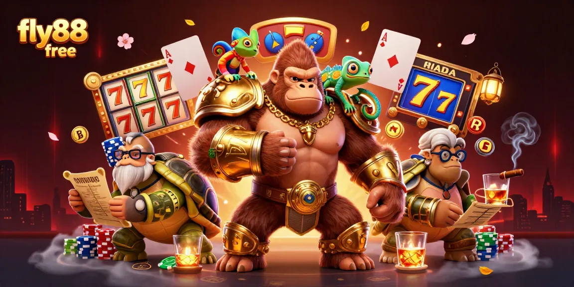 Engage in thrilling casino action with fly88 free as a gorilla king challenges opponents at a vibrant slot machine.