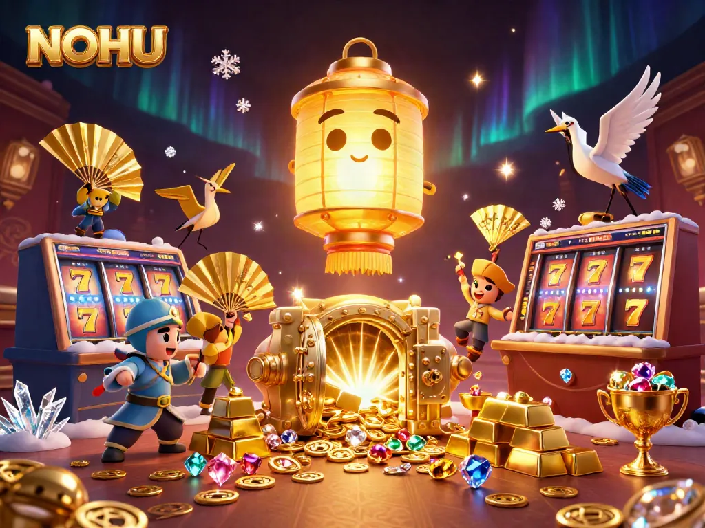 Play exciting slots and win big at NOHU casino, featuring a vibrant 3D golden lantern spirit.