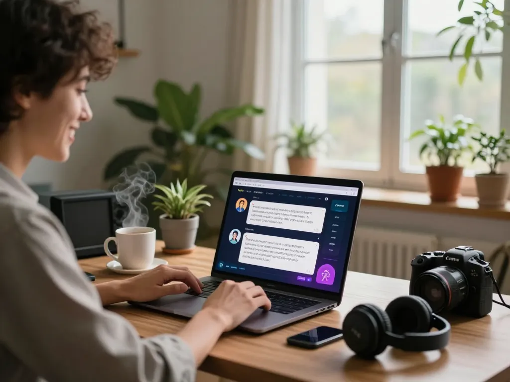 Interactive NSFW AI chat on a laptop screen in a cozy home office, showcasing engaging user experience.