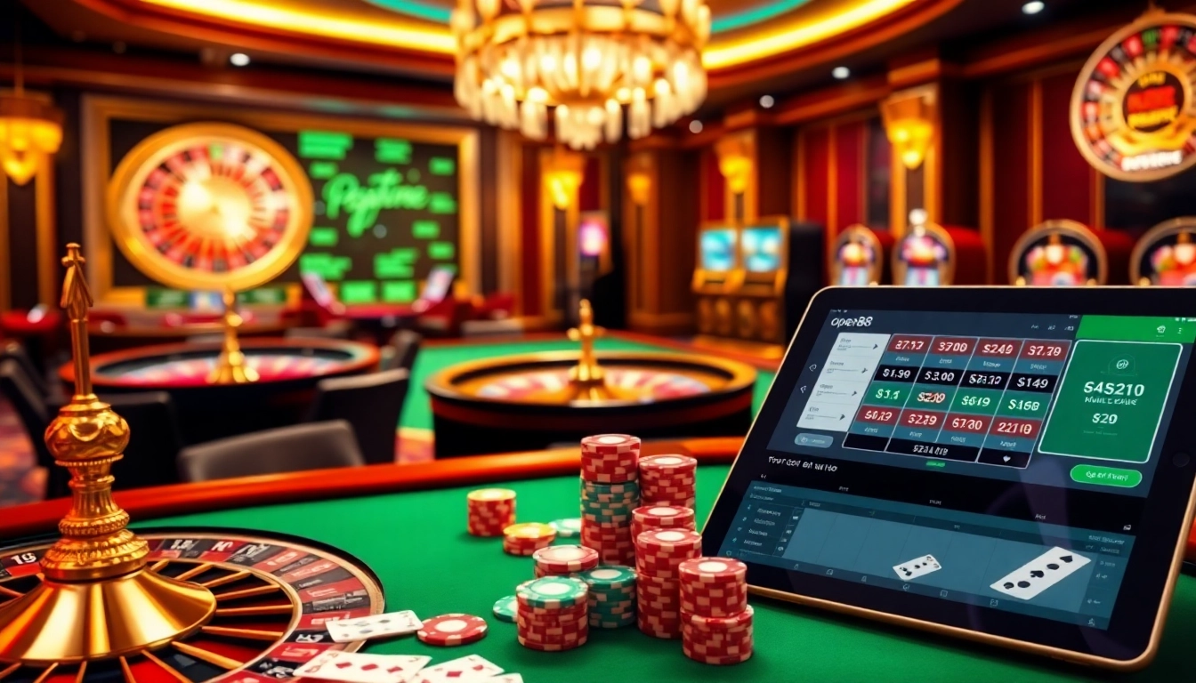 Experience the excitement of live gambling at open88 with luxurious casino tables and vibrant slot machines.
