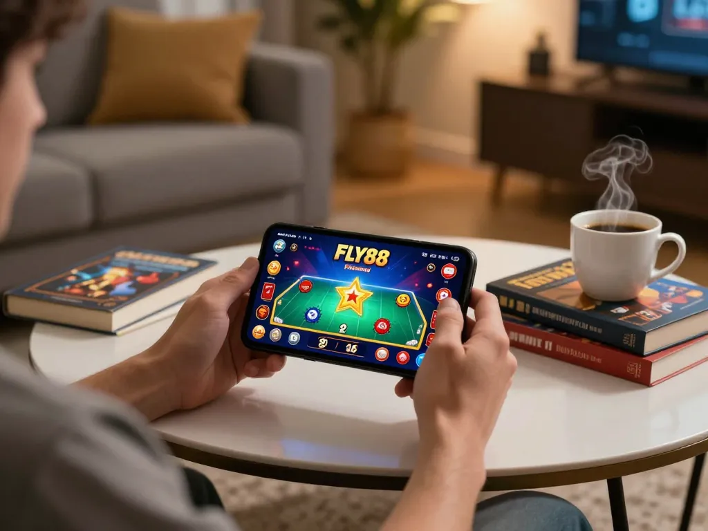 Player enjoying the fly88 casino app on mobile in a cozy living room, showcasing responsible gaming.
