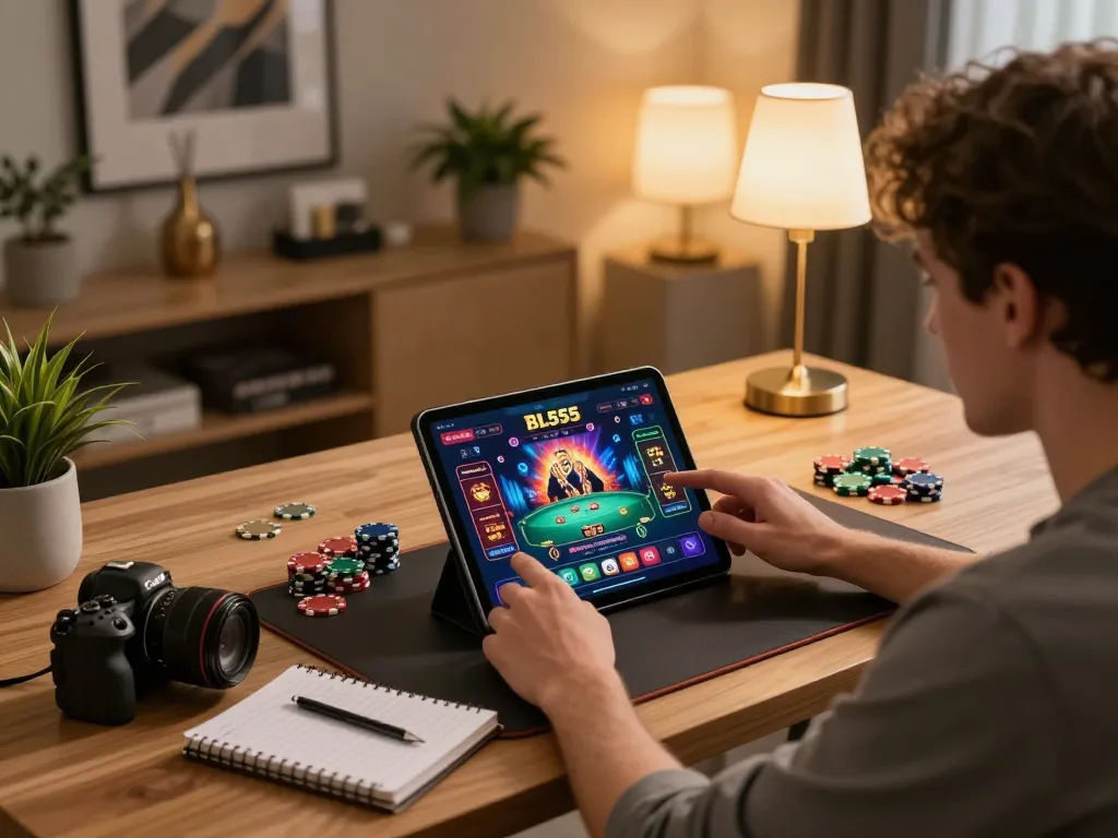 Player engaging with the Bl555 casino app on tablet, showcasing online gaming strategy in a cozy home setting.