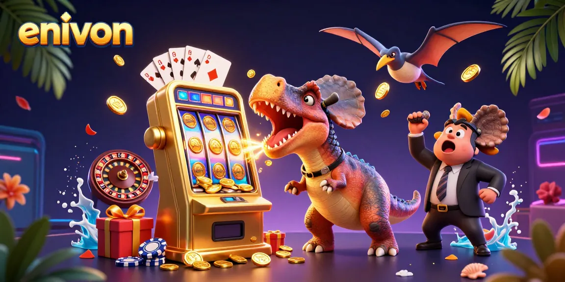 Headbutting pachycephalosaurus at environ casino jackpot, with flying coins and excited characters.