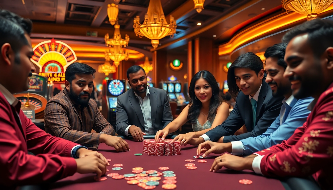 Mega888 gaming excitement at a vibrant casino poker table with diverse players.