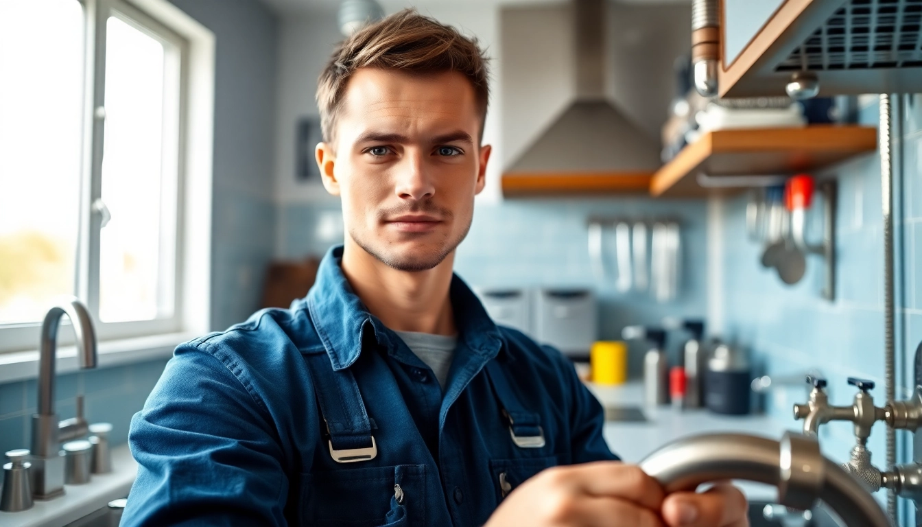 Find a reliable plumber near me fixing a sink in a bright kitchen.