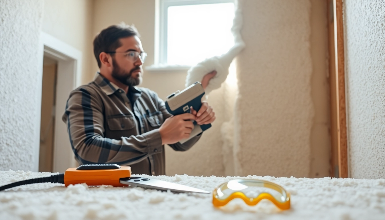 Professionally remove spray foam insulation from a wall with safety equipment and tools.